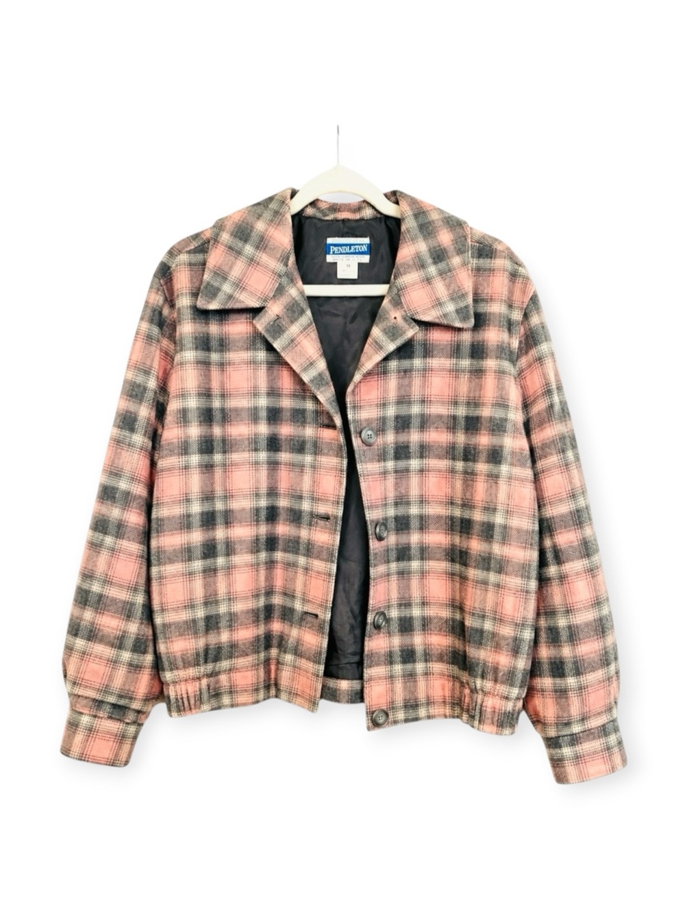 Vintage Pendleton Pink & Gray Plaid Wool Bomber Jacket - Size 16